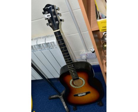 A MARTIN SMITH ACOUSTIC GUITAR, a guitar stand and a vintage microphone stand (3)