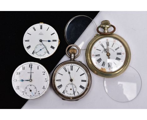 TWO OPEN FACE POCKET WATCHES, TWO POCKET WATCH FACES AND GLASS, the first with a white dial, Roman numerals, seconds subsidia