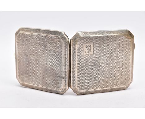 A SILVER CIGARETTE CASE, of a square form, engine turn design with an engraved monogram, push button clasp, opens to reveal a