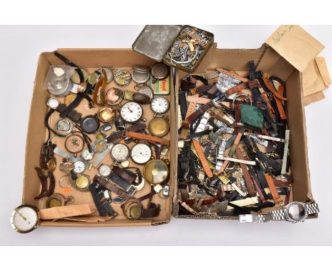 TWO BOXES OF ASSORTED POCKET WATCHES, WRISTWATCHES, WATCH STRAPS AND PARTS, such as an Omega Speedmaster case, A.F, attached 