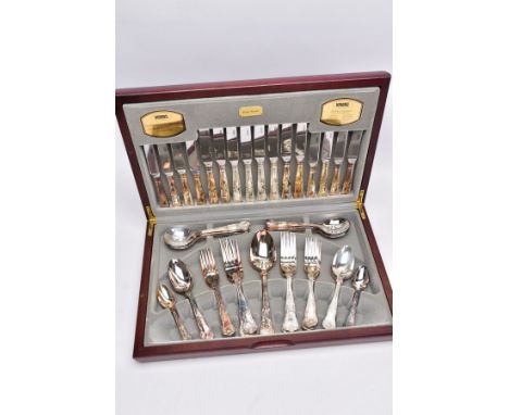 A COMPLETE CANTEEN OF 'VINERS' SILVER-PLATED CUTLERY, wooden canteen opens to reveal a fifty-eight piece set of kings pattern