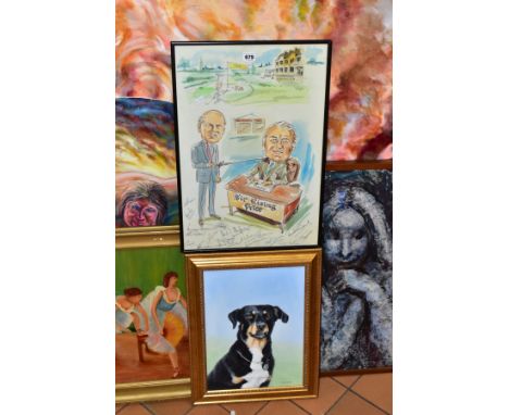 SIX PAINTINGS to include Martin Kaupp (Germany 1953), mixed media pop art portrait of a man wearing a crown, signed bottom ri