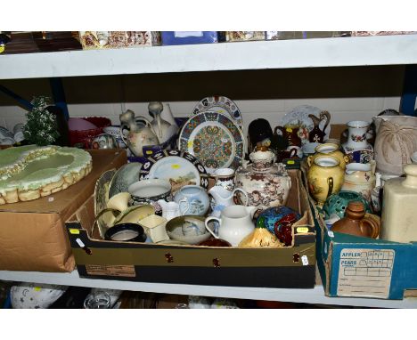 FOUR BOXES OF CERAMICS AND LOOSE, including a Pendelfin display stand, assorted late 19th and 20th Century jugs, a set of Spo