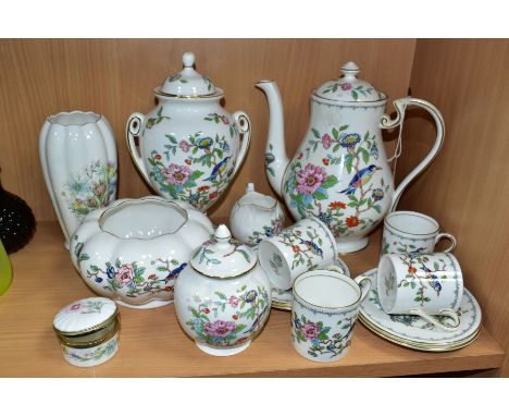 A GROUP OF AYNSLEY COFFEE WARES, VASES AND TRINKETS, comprising 'Pembroke' pattern coffee pot (finial reglued), cream jug (ch