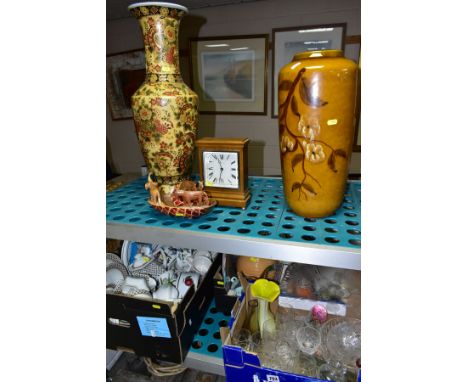 THREE BOXES AND LOOSE CERAMICS, GLASSWARE, CLOCK, SMALL MODERN AFRICAN WOODEN BOWL, etc, to include a small quantity of Portm