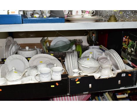 FIVE BOXES OF KITCHEN WARES, ETC, to include a quantity of assorted  St. Michaels relief moulded dinner service items, tureen