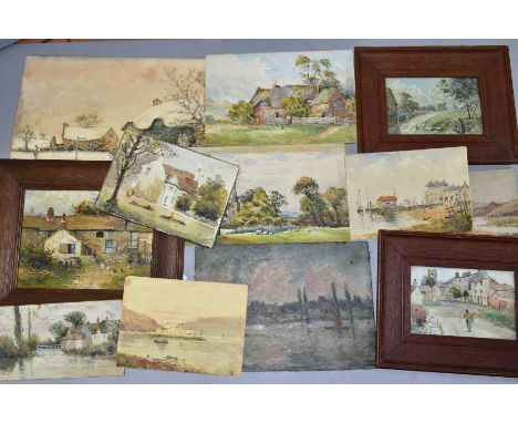 WILLIAM BODEN (ACTIVE CIRCA 1882-1918) a box containing three oils on board and three watercolours, comprising two cottage la