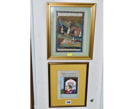 TWO INDIAN STYLE PAINTINGS ON PAPER, the first depicting figures playing a board game with text above, approximate size 16.5c
