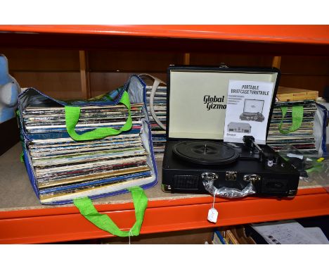 THREE BAGS AND TWO CASES OF RECORDS AND A GLOBAL G12MOS MODERN TURNTABLE, to include ELO, John Denver, Jethro Tull, Paul McCa