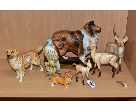 A COLLECTION OF SEVEN BESWICK ANIMAL AND BIRD FIGURES, comprising Stag, Doe and Fawn in light brown gloss, model No's. 981, 9