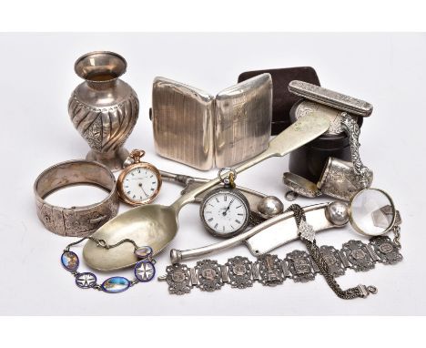 A SELECTION OF SILVER AND WHITE METAL ITEMS, to include a silver cigarette case of an engine turn design, engraved monogram, 