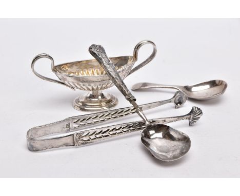 A SELECTION OF SILVER ITEMS, to include a pair of pierced sugar tongs with shell shaped ends, hallmarked possibly 'Hester Bat