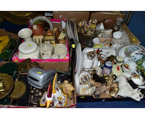 FOUR BOXES OF CERAMICS, GLASSWARE, KITCHEN CROCKERY, METALWARE, etc, including assorted ceramic and resin  dog figurines, thr