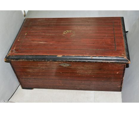 A LATE 19TH CENTURY MUSIC BOX, stained exterior, distressed, the lid interior with a card listed with '8 airs', including 'Da