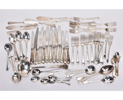 A BOX OF ASSORTED FLATWARE, to include EPNS knives, forks, tablespoons, teaspoons, soup spoons, fish knives, etc, each with a