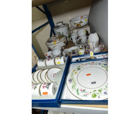 ROYAL WORCESTER CERAMICS, to include 'Evesham' biscuit barrel, casserole dish, Ramekins, shallow dish, two cups and saucers, 
