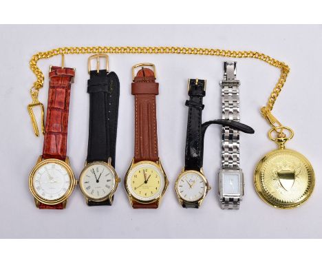 FIVE WRISTWATCHES AND A POCKET WATCH, to include a ladies 'Citizen Eco-drive' with a mother of pearl dial, Roman numerals and