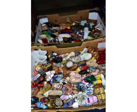 TWO BOXES OF MODELS OF MOSTLY LADIES SHOES, in ceramic, resin, metal, etc, includes 'Just The Right Shoe', a small number of 