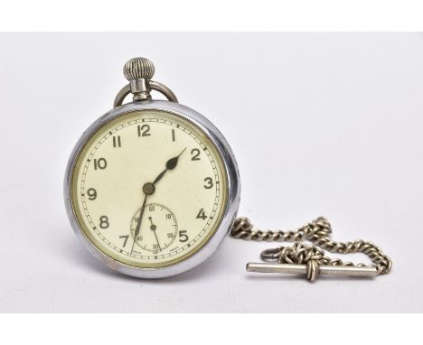A WHITE METAL, OPEN FACE MILITARY POCKET WATCH, white metal case, white dial, Arabic numerals, seconds subsidiary dial at the