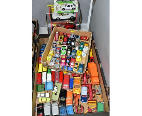 A QUANTITY OF UNBOXED AND ASSORTED PLAYWORN DIECAST VEHICLES, to include Dinky Toys Field Marshall tractor, No 301, metal hub