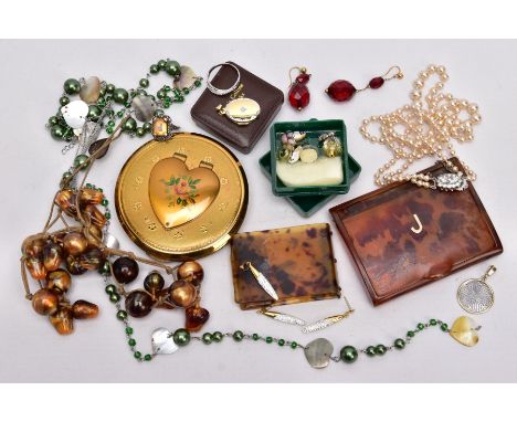 A BAG OF ASSORTED ITEMS, to include a pair of silver gilt, paste set drop earrings with fish hook fittings and a matching pen