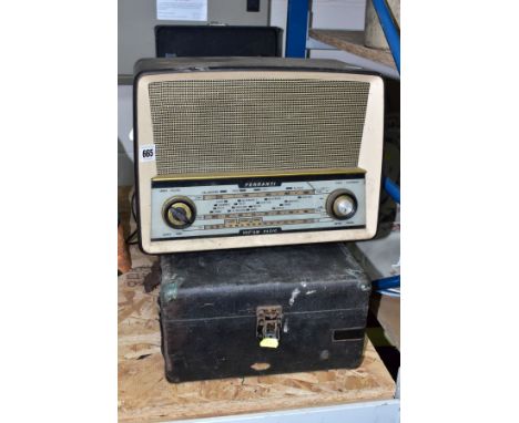 A FERRANTI VHF/AM RADIO, Type U1003, in need of restoration, together with a HMV black cased portable gramophone in poor cond