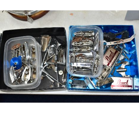 TWO TRAYS CONTAINING VINTAGE DRUM LUGS AND BOLTS, including Beverley, Pearl, etc