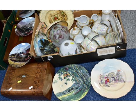 A BOX AND LOOSE CERAMICS, PICTURES, MIRROR, BOXES, ETC, to include inlaid mother of pearl work box, a distressed writing slop