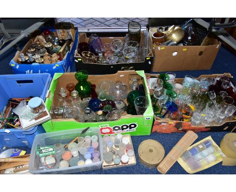 SIX BOXES OF ASSORTED GLASSWARE, METALWARE, ART AND CRAFT EQUIPMENT, etc, including coloured and clear household glassware, m