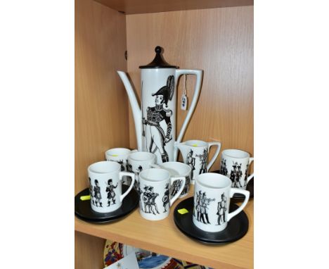 PORTMEIRION POTTERY 'REDDINGTON'S NEW FOOT SOLDIER'S COFFEE SET' comprising coffee pot, cream/milk jug (chip to rim), sugar b