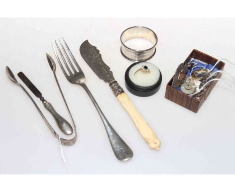 Silver butter knife, napkin ring, tongs, fork, 9 carat gold ring, medallion, etc