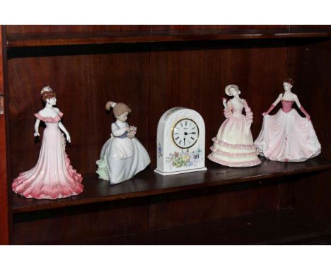 Three Coalport and Nao figures and an Aynsley Wild Tudor clock