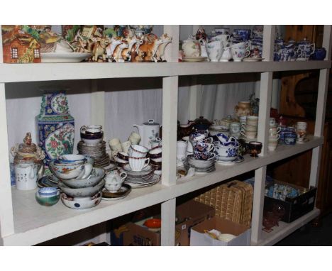 Oriental china, copper lustre ware, various teaware, coffee ware, three Poole preserve pots, etc