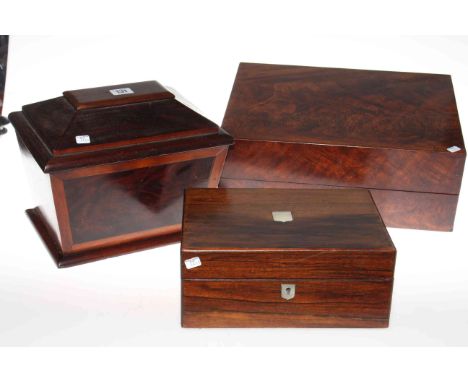 19th Century rosewood and mahogany caddy and two Victorian boxes