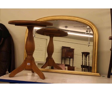 Victorian style gilt framed overmantel mirror, circular pine tripod occasional table and Belgian rug (3