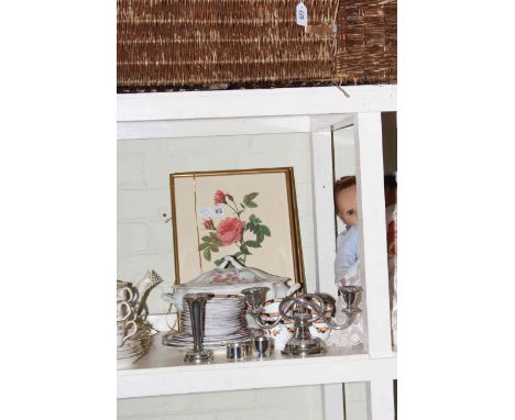 Two pairs of silver candlesticks, silver salt, toilet jar, button hook and shoe horn, silver plated ware, tureen, teaware and