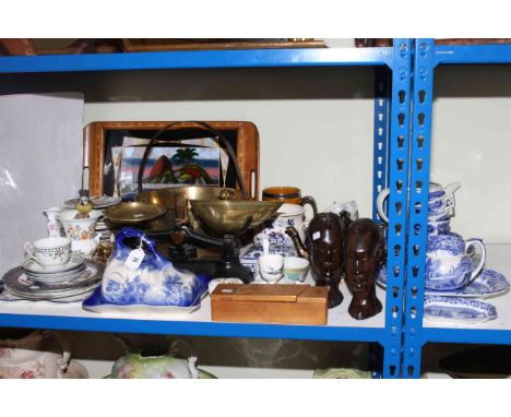 Spode 'Italian' ware, pair of African wood busts, brass jam pan, kitchen scales, various china, etc