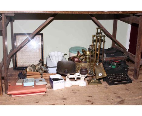 19th Century sampler, vintage Royal typewriter, kitchen scales, companion set, dressing table set, etc
