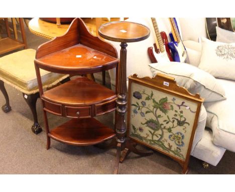 Hardwood corner washstand, mahogany tripod plant stand and needlework panel firescreen (3)