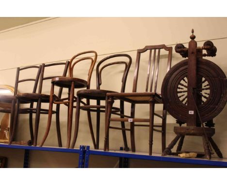 Spinning wheel, Edwardian bedroom chair, four Bentwood chairs, needlework panel firescreen and standard lamp and shade (8)