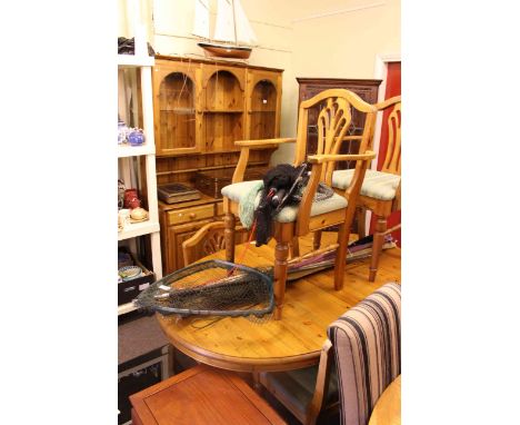 Victorian pine glazed door and shelf back dresser, Ducal pine oval extending dining table and six chairs (8)