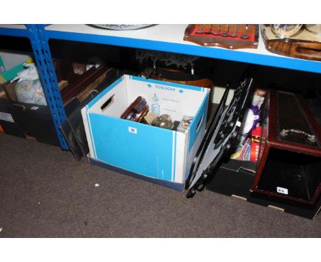 Flour bin, firescreen, dolls, Oriental china, camera, binoculars, wood carvings, trinket boxes, bookends, pictures, etc