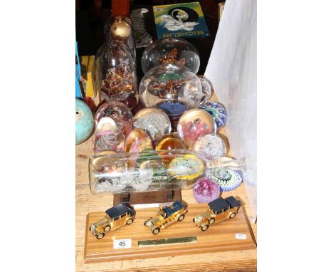 Caithness and other paperweights, model aircraft under glass domes, Rolls Royce collection on plinth, etc