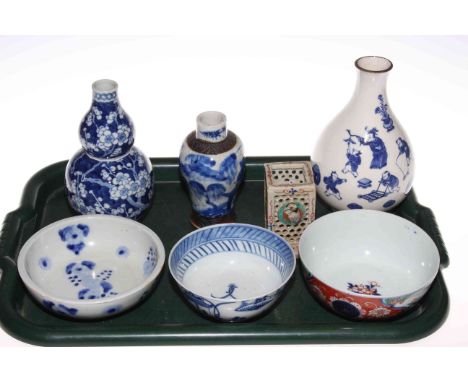 Collection of five Chinese blue and white vases and bowls, and polychrome basin and pierced vase (7)