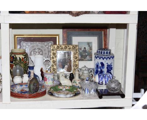 Oriental caddy, Poole preserve, iridescent glass vase, Coalport jug, two small Belleek vases, mirror, picture, etc