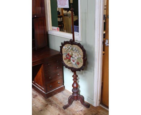 Victorian mahogany floral needlework panelled adjustable pole screen on pedestal tripod base