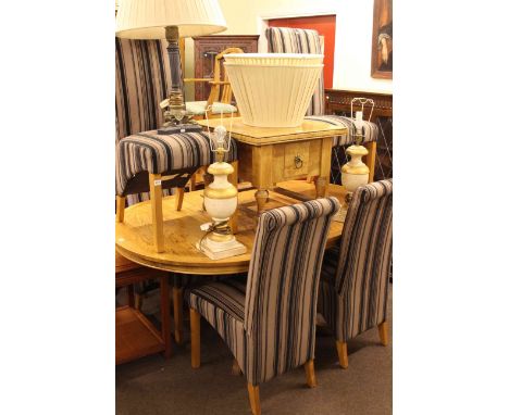 Oval oak pedestal dining table, six high back chairs, Barker & Stonehouse Flagstone lamp table and three table lamps and shad