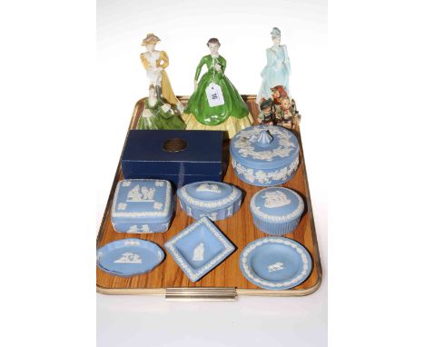 Four Coalport ladies and cruet, three Hummel figures, seven Wedgwood trinkets