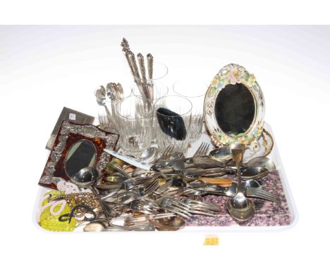 Tray lot with cutlery, glasses, photograph frame, etc