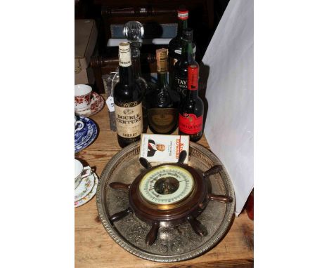 Boulestin Cognac, two bottles of Sherry and two bottles of Port, King Edward cigars, glass decanter, ewer, ships wheel, barom